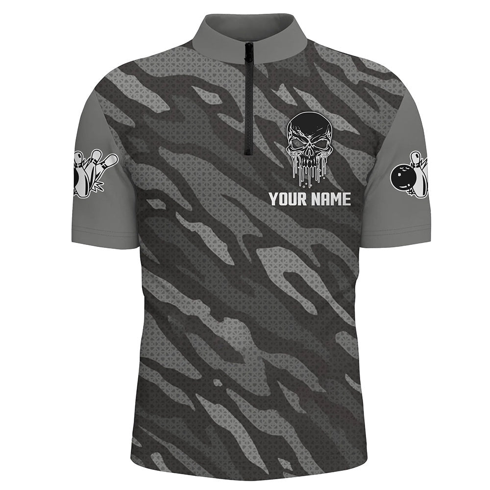 Custom Bowling Polo Shirts, Personalized Skull Bowling Shirt Zip Bowling Jerseys For Men Camo Camourflage Bowling Shirt Unisex