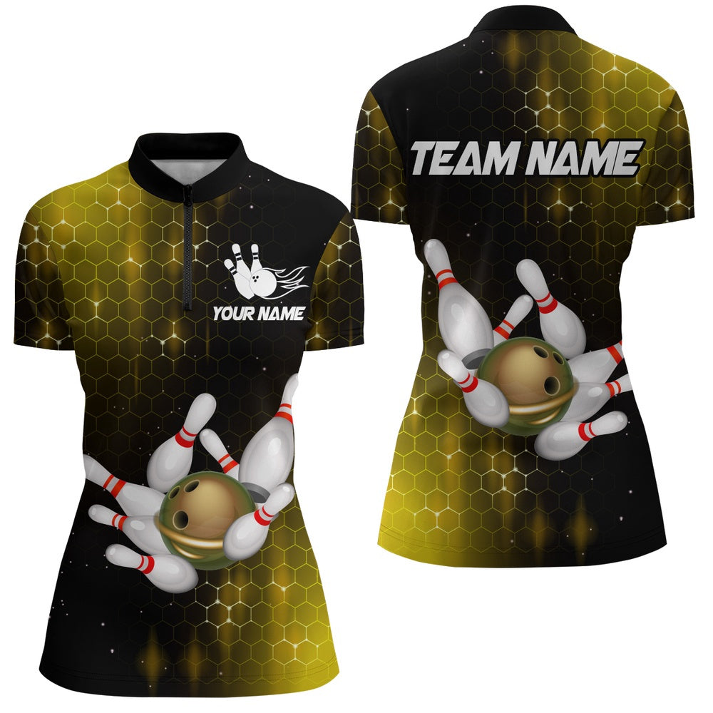 Custom Bowling Polo Shirts, Personalized Yellow Bowling Shirts Men Women Bowling Team Jersey Bowling Zip Shirt