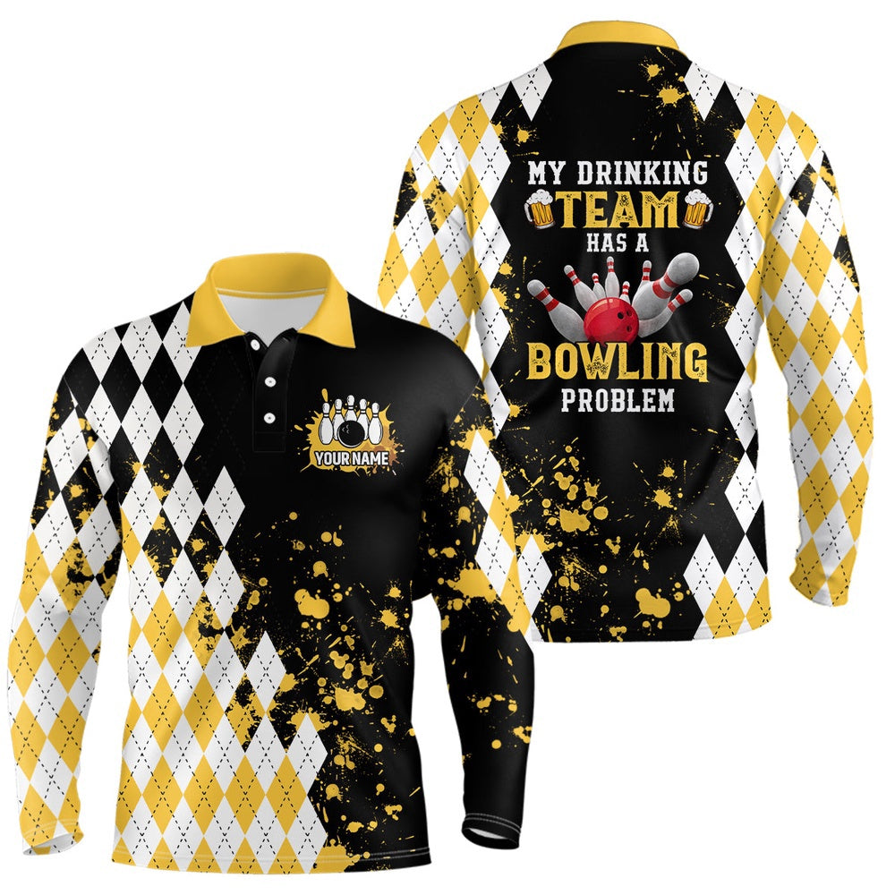 Custom Bowling Polo Shirts, Personalized Yellow Retro Bowling Polo Shirts For Men Custom My Drinking Team Has A Bowling Problem