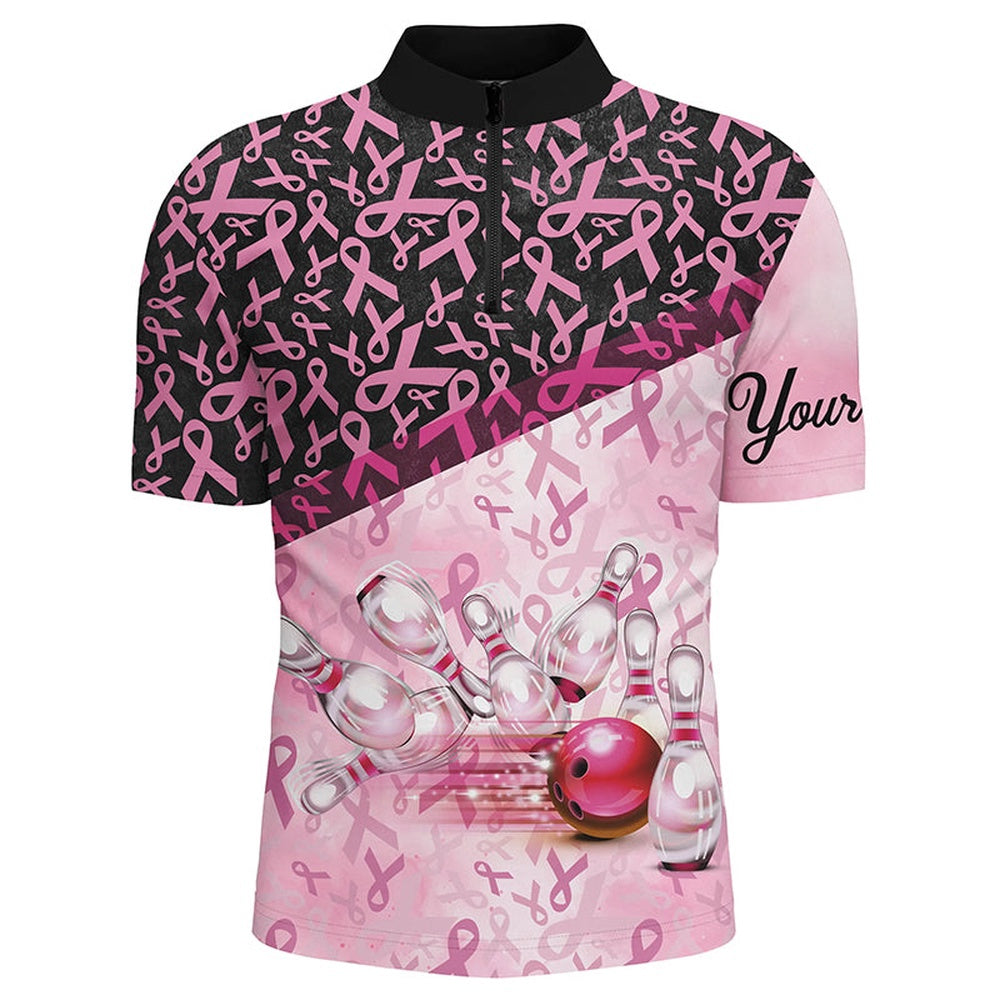 Custom Bowling Polo Shirts, Pink And Black Ribbon Pattern Bowling Shirt For Men Custom Breast Cancer Awareness Bowling Jerseys