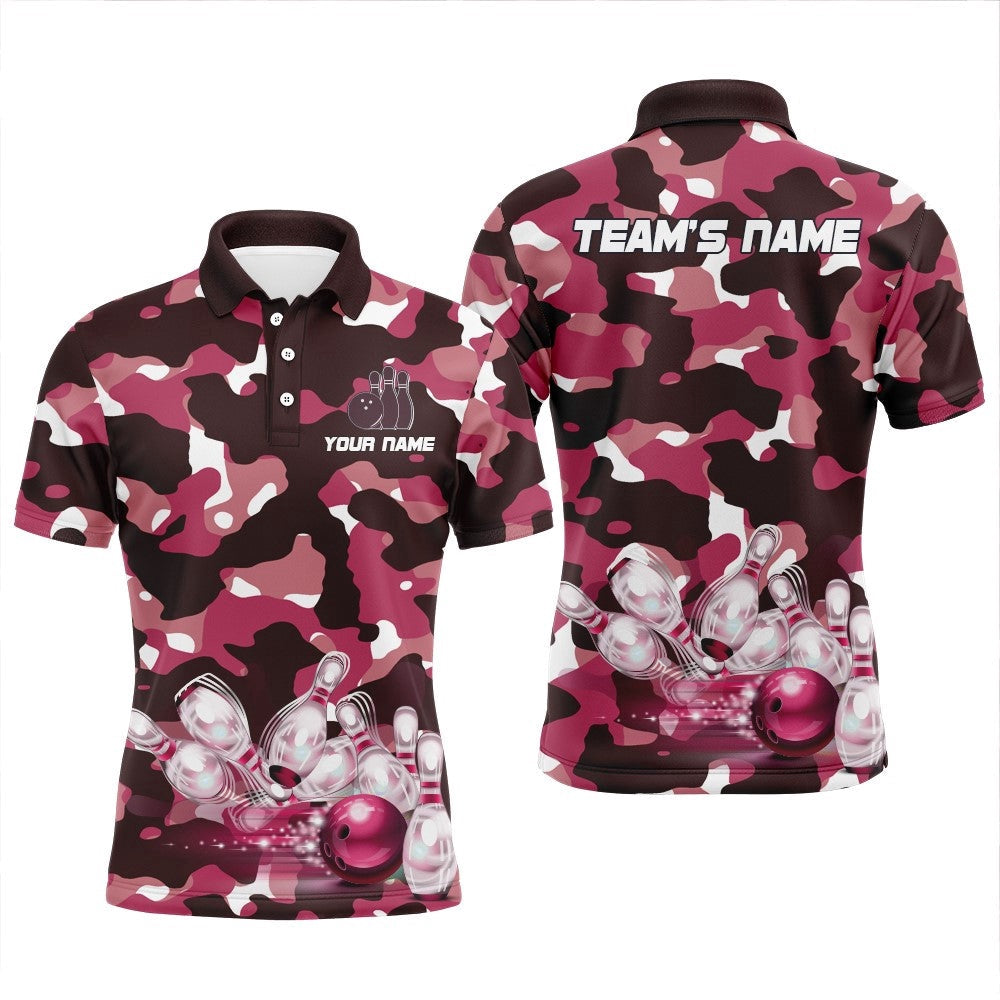 Custom Bowling Polo Shirts, Pink Camo Bowling Shirts For Men Custom Bowling Polo Shirt Team Bowling Jerseys