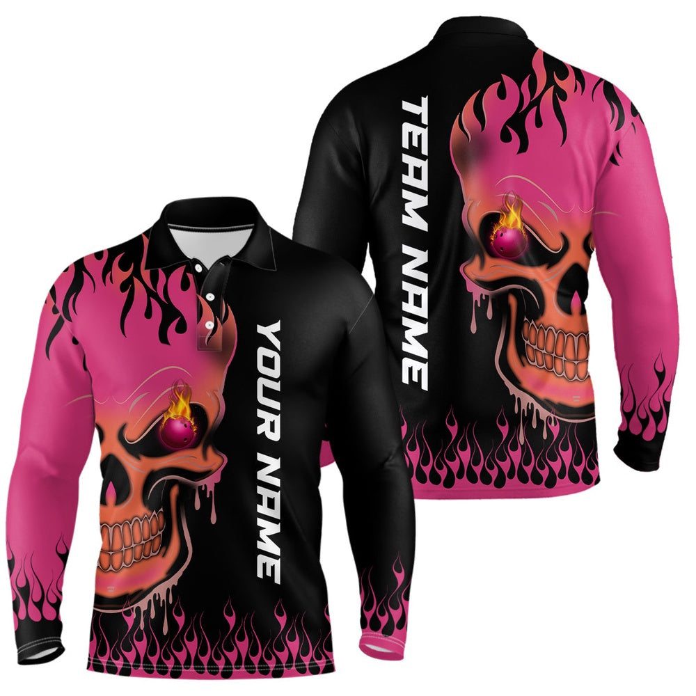 Custom Bowling Polo Shirts, Pink Flame Bowling Skull Custom Men Polo Bowling Shirt, Team League Jersey Gift For Bowlers