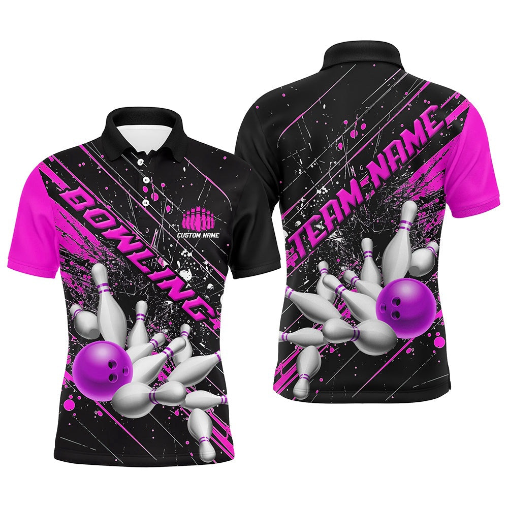 Custom Bowling Polo Shirts, Pink Purple Strike Bowling Custom Team Shirts For Men And Women, Bowling League Outfits For Bowler