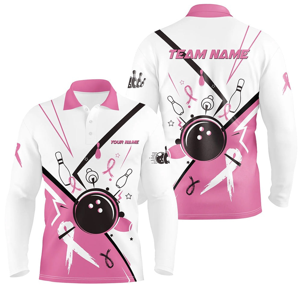 Custom Bowling Polo Shirts, Pink Ribbon Breast Cancer Awareness Bowling Jerseys Custom Team Bowling Polo Shirt For Men White