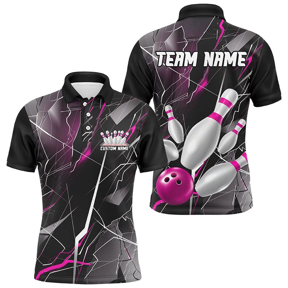 Custom Bowling Polo Shirts, Pink Thunder Lightning Custom Bowling Team Shirts For Men And Women, Strike Bowling Jerseys