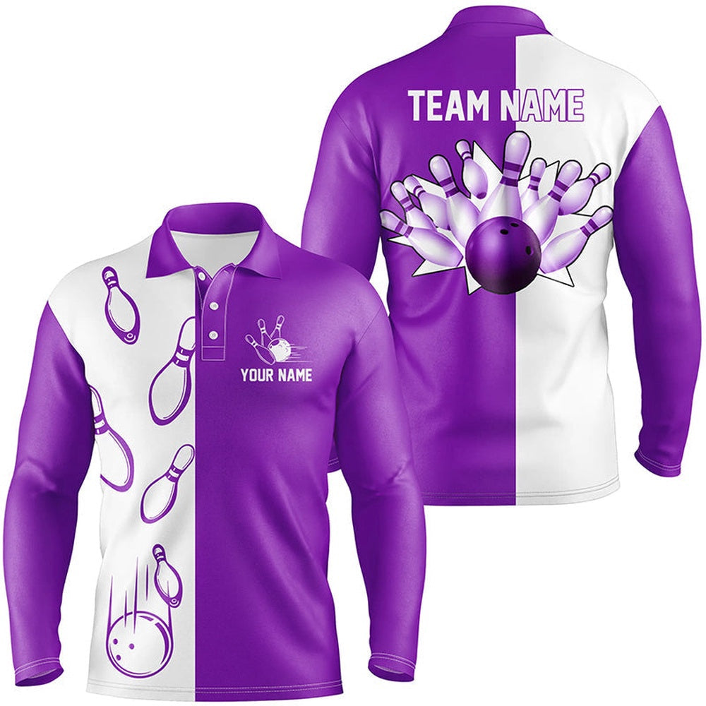 Custom Bowling Polo Shirts, Purple And White Retro Vintage Bowling Polo Shirts For Men Custom Bowling Team Jerseys