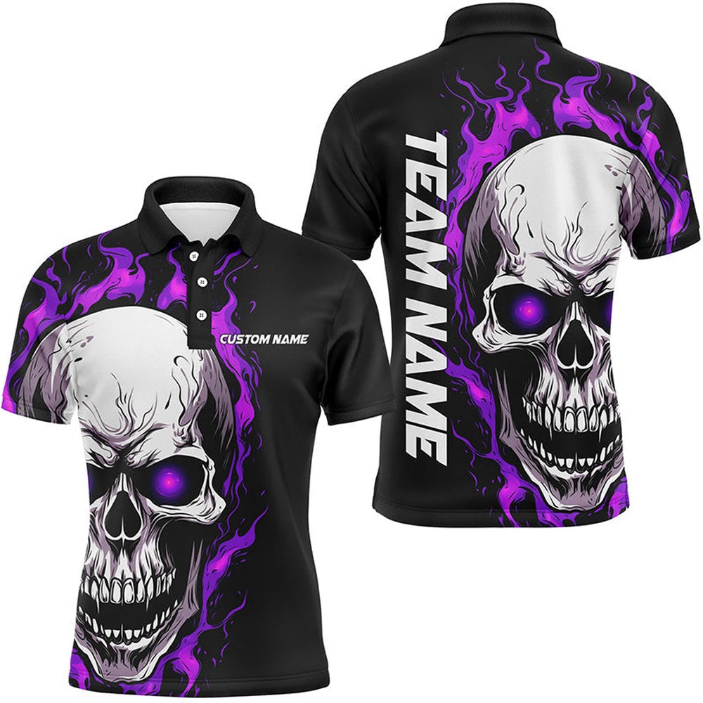 Custom Bowling Polo Shirts, Purple Flame Skull Sport Jerseys, Custom Team Bowling Polo Shirts For Men, Bowler Outfits