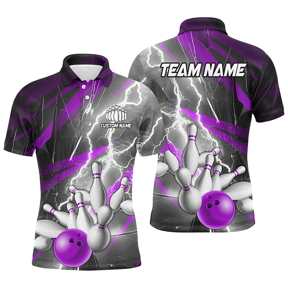 Custom Bowling Polo Shirts, Purple Lightning Strike Custom Bowling Polo Shirts For Men, Team Bowling Shirts Bowler Outfit