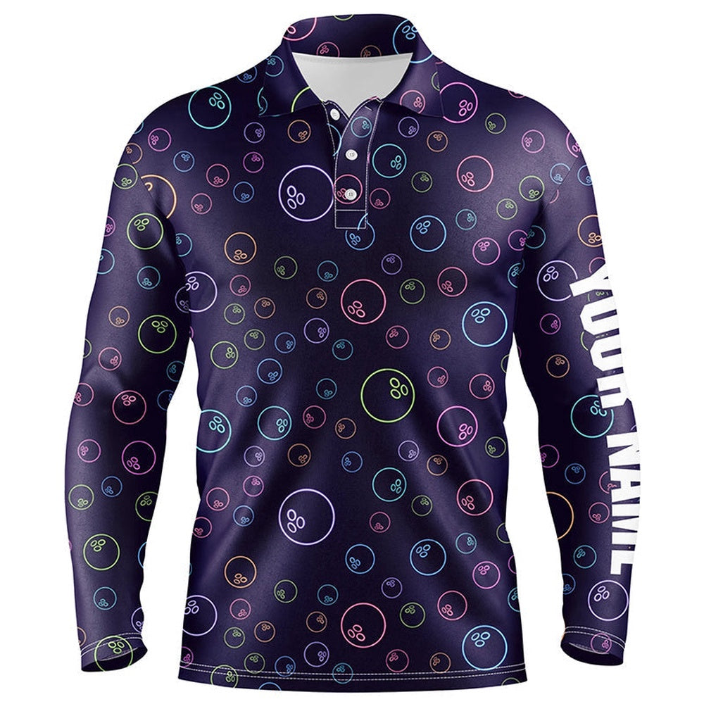 Custom Bowling Polo Shirts, Purple Neon Bowling Ball Glowing Pattern Custom Mens Bowling Polo Shirts, Bowling Team League Jerseys
