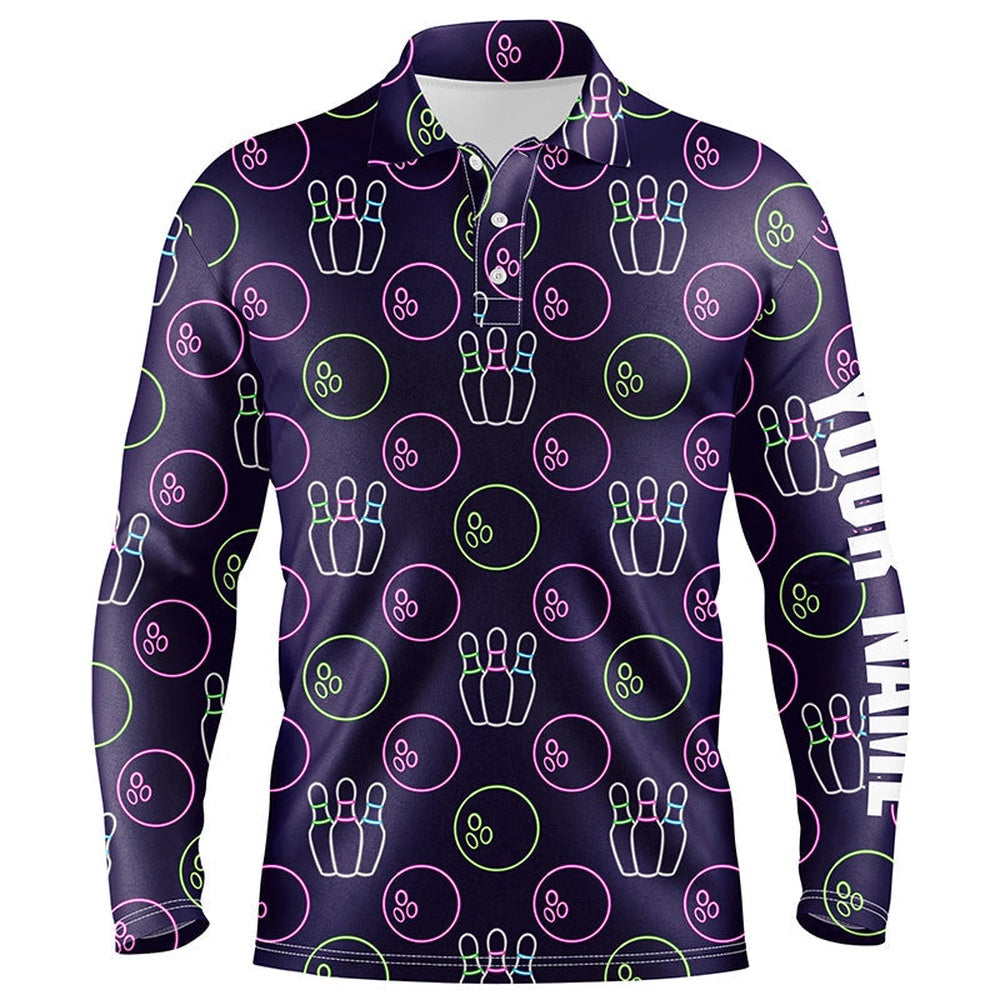 Custom Bowling Polo Shirts, Purple Neon Bowling Seamless Pattern Custom Mens Bowling Polo Shirts, Bowling Team League Jerseys