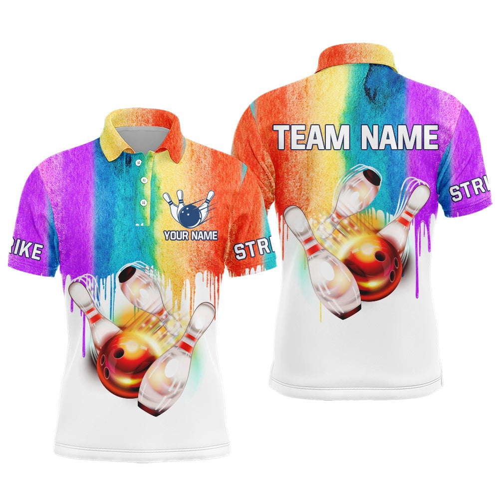 Custom Bowling Polo Shirts, Rainbow Custom Bowling Shirt For Men Bowling Jersey Bowling Team League Polo Shirt