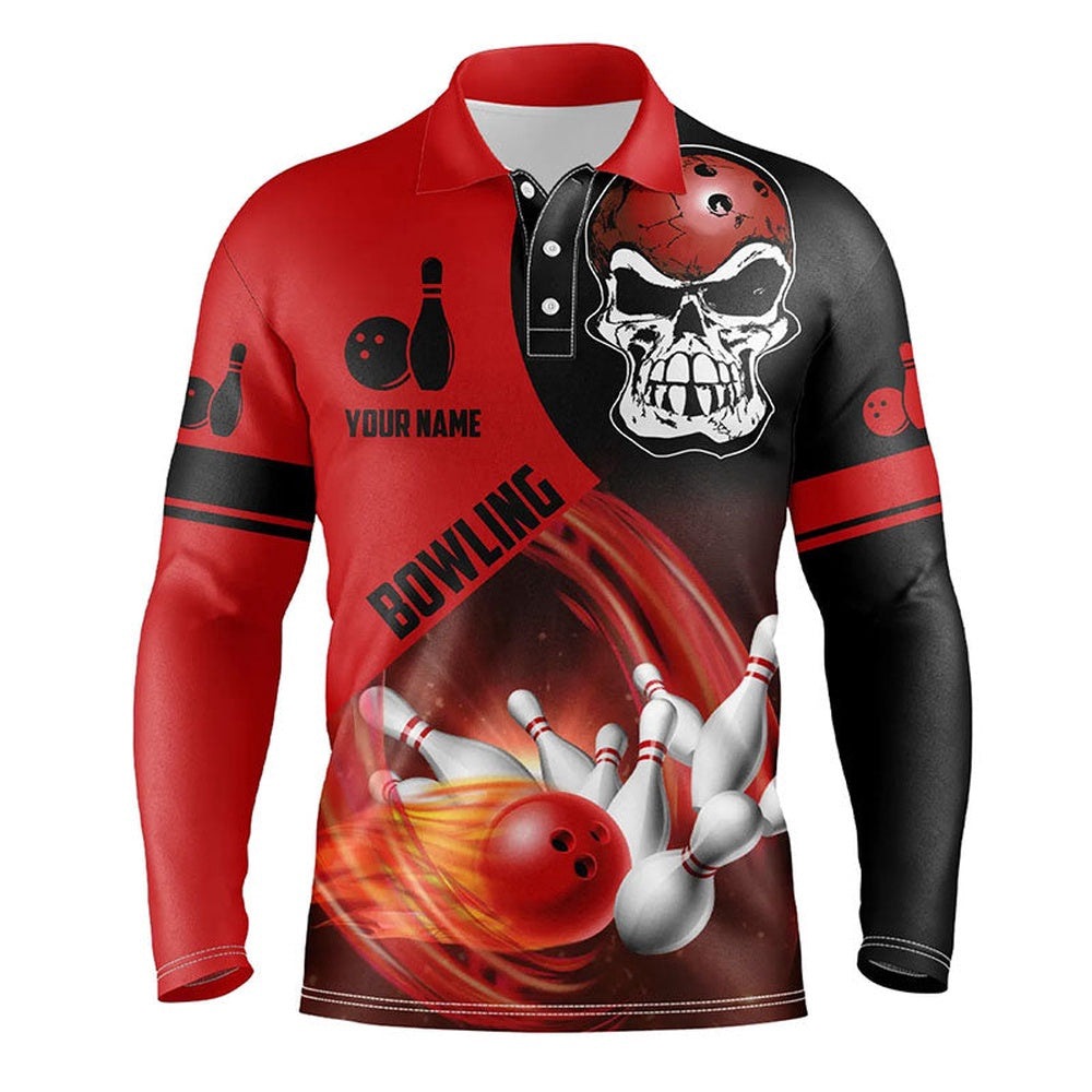 Custom Bowling Polo Shirts, Red And Black Bowling Ball And Pins Mens Bowling Polo Shirts Custom Skull Bowling Team Jerseys