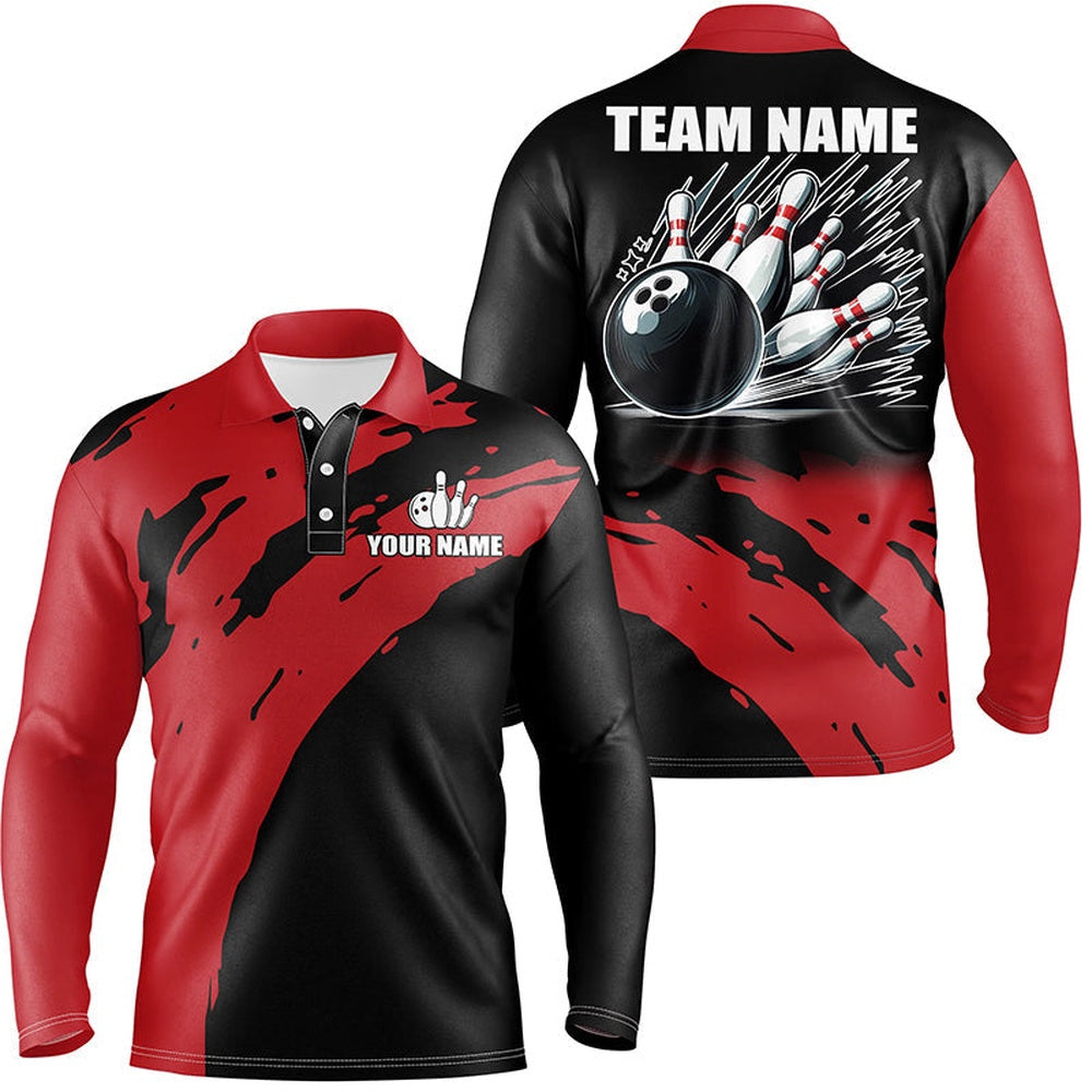 Custom Bowling Polo Shirts, Red And Black Mens Bowling Polo Shirts Custom Team Bowling Jerseys, Gift For Team Mens Bowlers