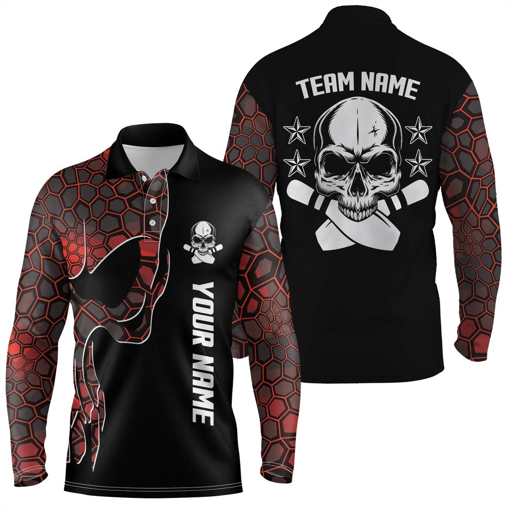 Custom Bowling Polo Shirts, Red Camo Black Bowling Polo Shirts For Men Custom Team Name Skull Bowling, Team Bowling Shirts