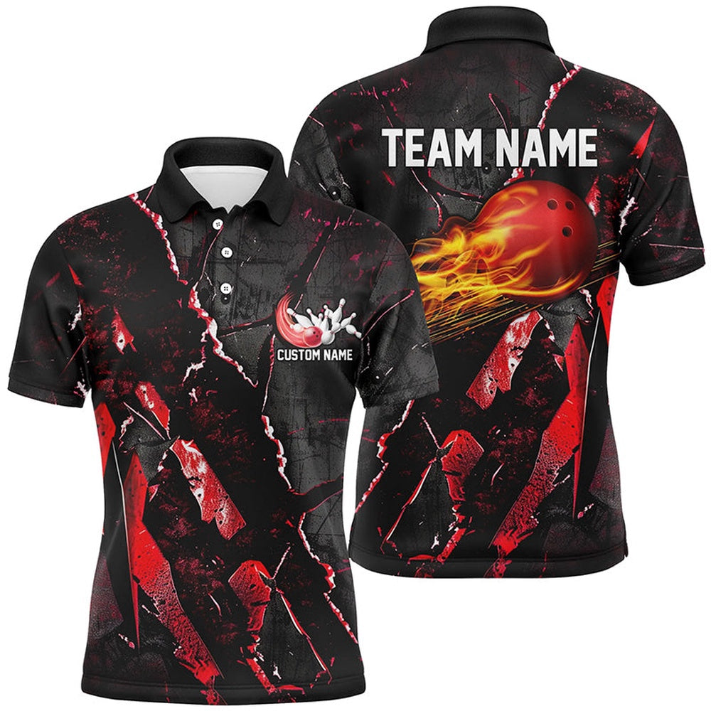 Custom Bowling Polo Shirts, Red Flame Bowling Ball Customize Bowling Team Shirts, Bowling Tournament Outfits