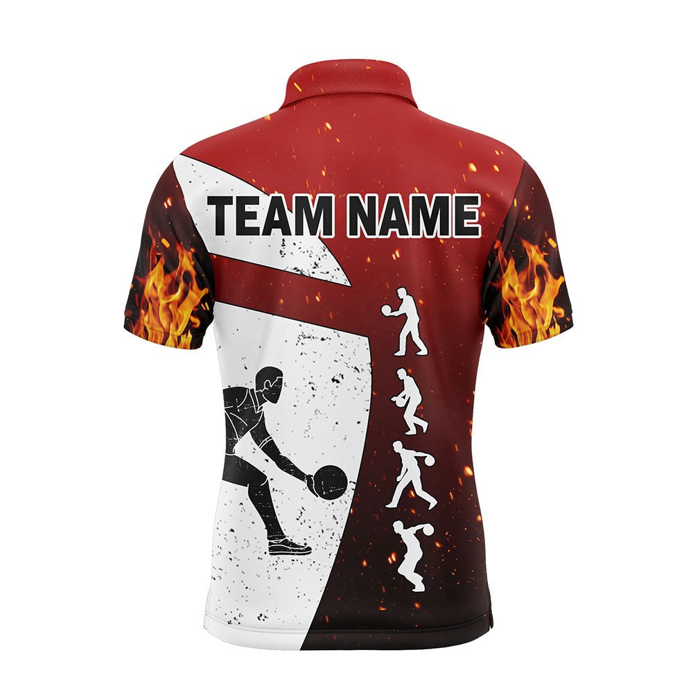 Custom Bowling Polo Shirts, Red Flame Bowling Shirt For Men, Personalized Name Bowling Lovers Vintage Bowler Jersey