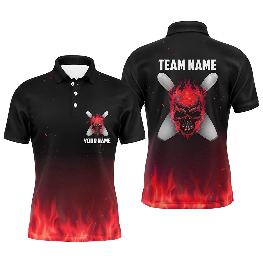 Custom Bowling Polo Shirts, Red Flame Skull Bowling Polo Shirts Men Personalized Team Bowling Jerseys Halloween Outfits