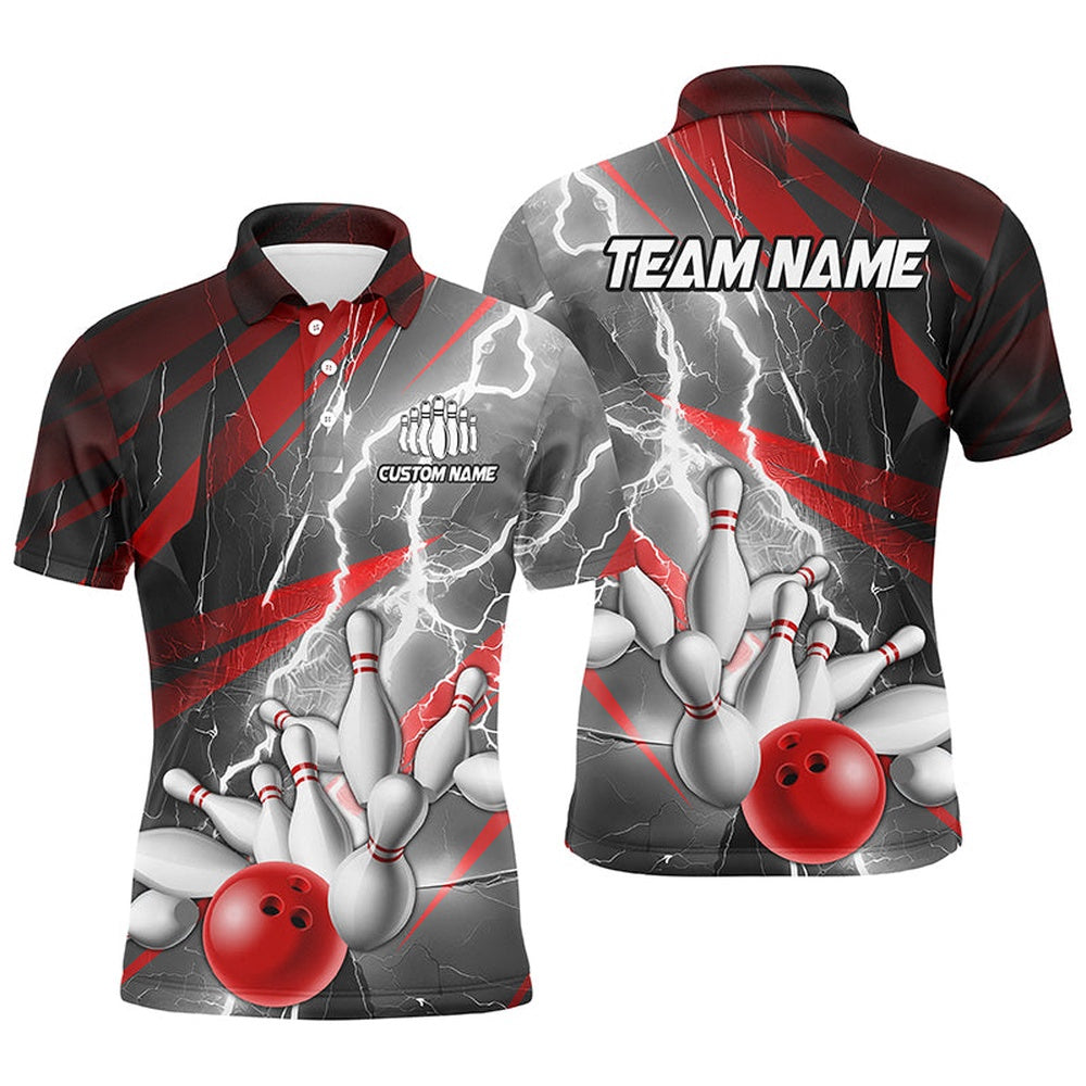 Custom Bowling Polo Shirts, Red Lightning Thunder Custom Bowling Team Jersey,Team Bowling Shirts For Men And Women
