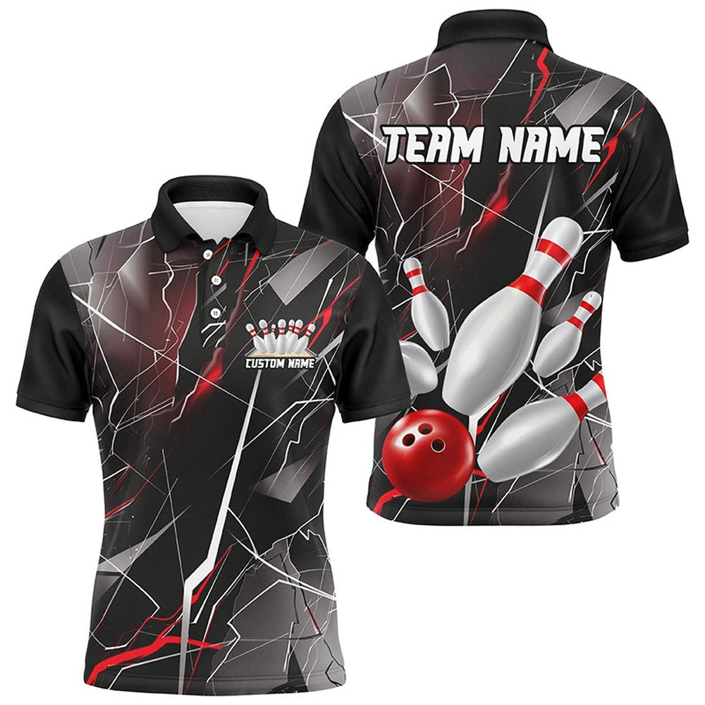 Custom Bowling Polo Shirts, Red Thunder Lightning Custom Bowling Team Shirts For Men And Women, Strike Bowling Jerseys