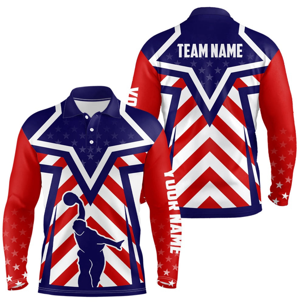 Custom Bowling Polo Shirts, Red, White And Blue American Flag Bowling Polo Shirts For Men Custom Bowling Team League Jerseys