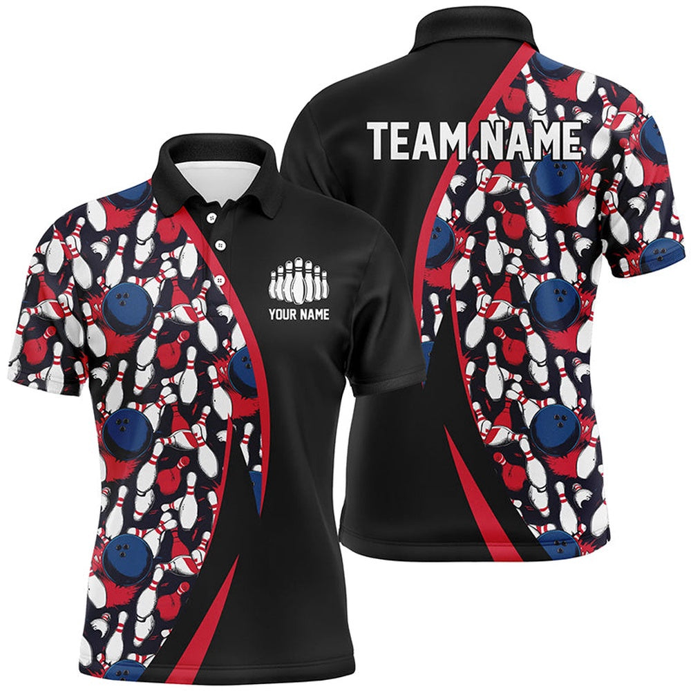 Custom Bowling Polo Shirts, Red, White And Blue Bowling Ball And Pins Pattern Custom Bowling Team Jerseys For Men