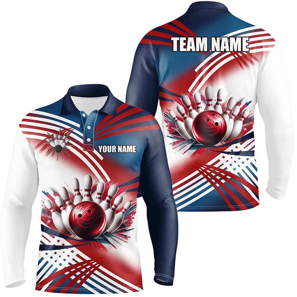 Custom Bowling Polo Shirts, Red, White And Blue Mens Bowling Polo Shirts Custom Bowling Ball And Pins Team Bowling Shirts For Men