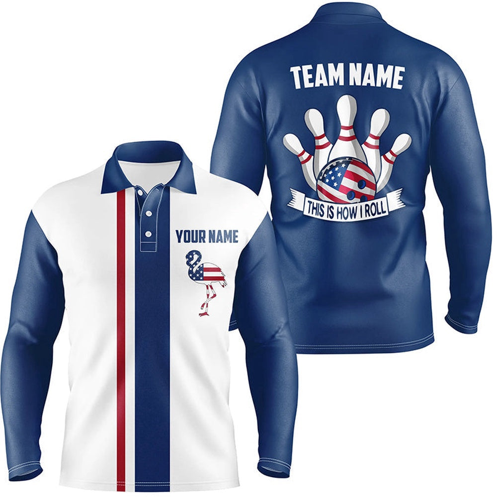 Custom Bowling Polo Shirts, Red White And Blue Retro Bowling Polo Shirts For Men Custom American Flag Flamingo Bowling Jerseys