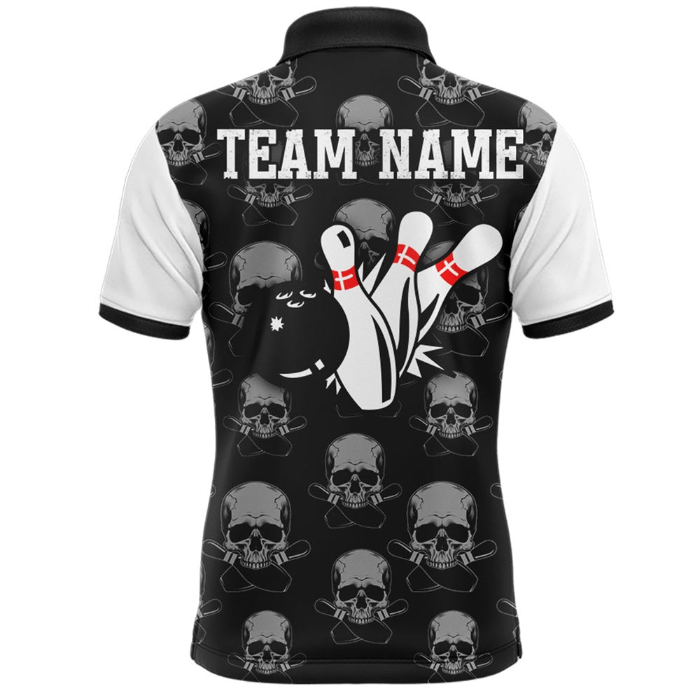 Custom Bowling Polo Shirts, Skull Bowling Jersey Team League Custom Black Bowling Shirt Men Bowling Polo Shirt