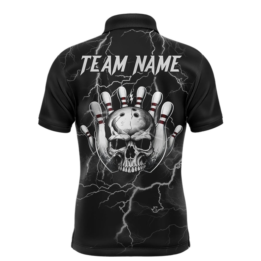 Custom Bowling Polo Shirts, Skull Bowling League Shirt Men Bowling Jersey Team Lightning Thunder Bowling Polo Shirt