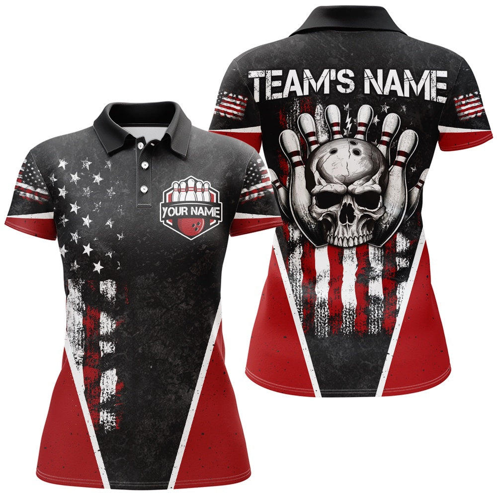 Custom Bowling Polo Shirts, Skull Bowling Polo Shirt Personalized American Bowling Team Jersey For Men & Women