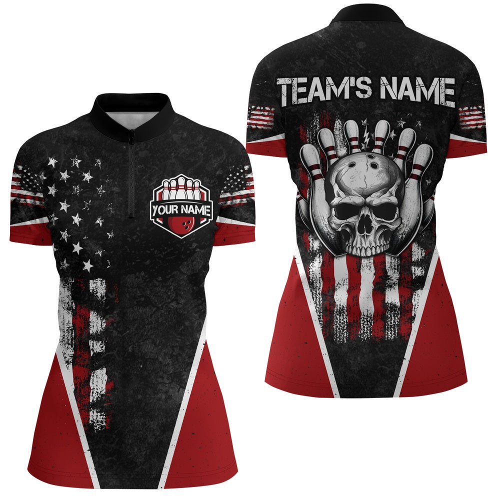 Custom Bowling Polo Shirts, Skull Bowling Shirt Personalized American Zip Bowling Team Jersey For Men & Women