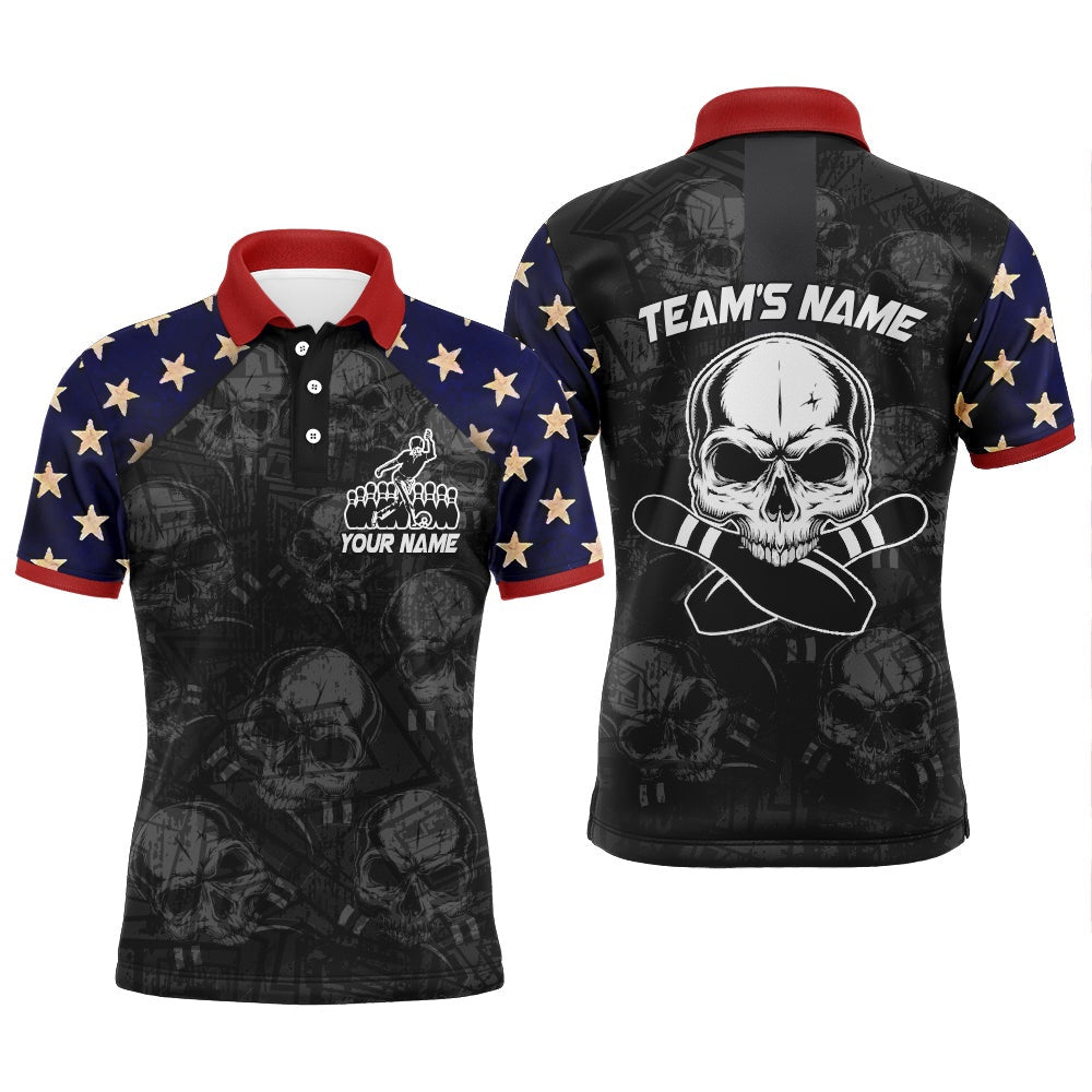 Custom Bowling Polo Shirts, Skull Polo Bowling Shirt For Men, Patriotic Custom Name Team Bowlers Jersey Short Sleeve