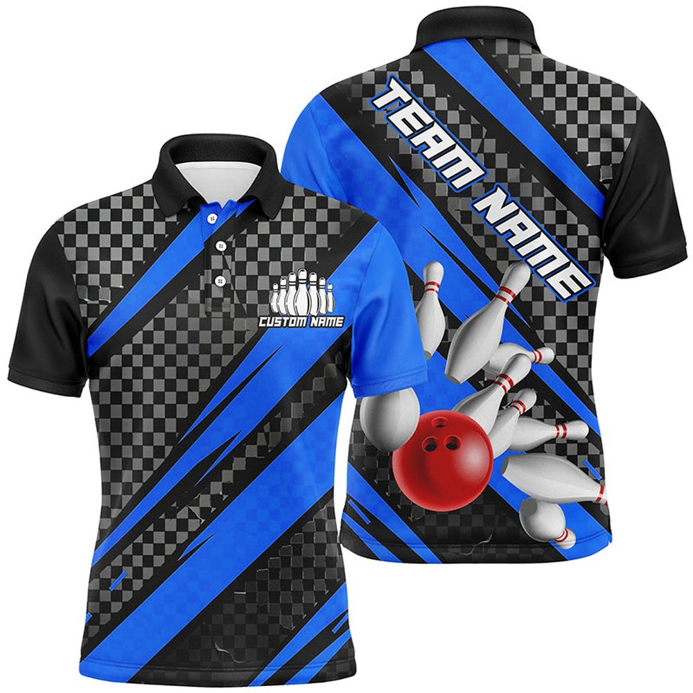 Custom Bowling Polo Shirts, Splatter Pins Custom Bowling Team Shirts For Men And Women, Bowling Tournament Shirt Blue