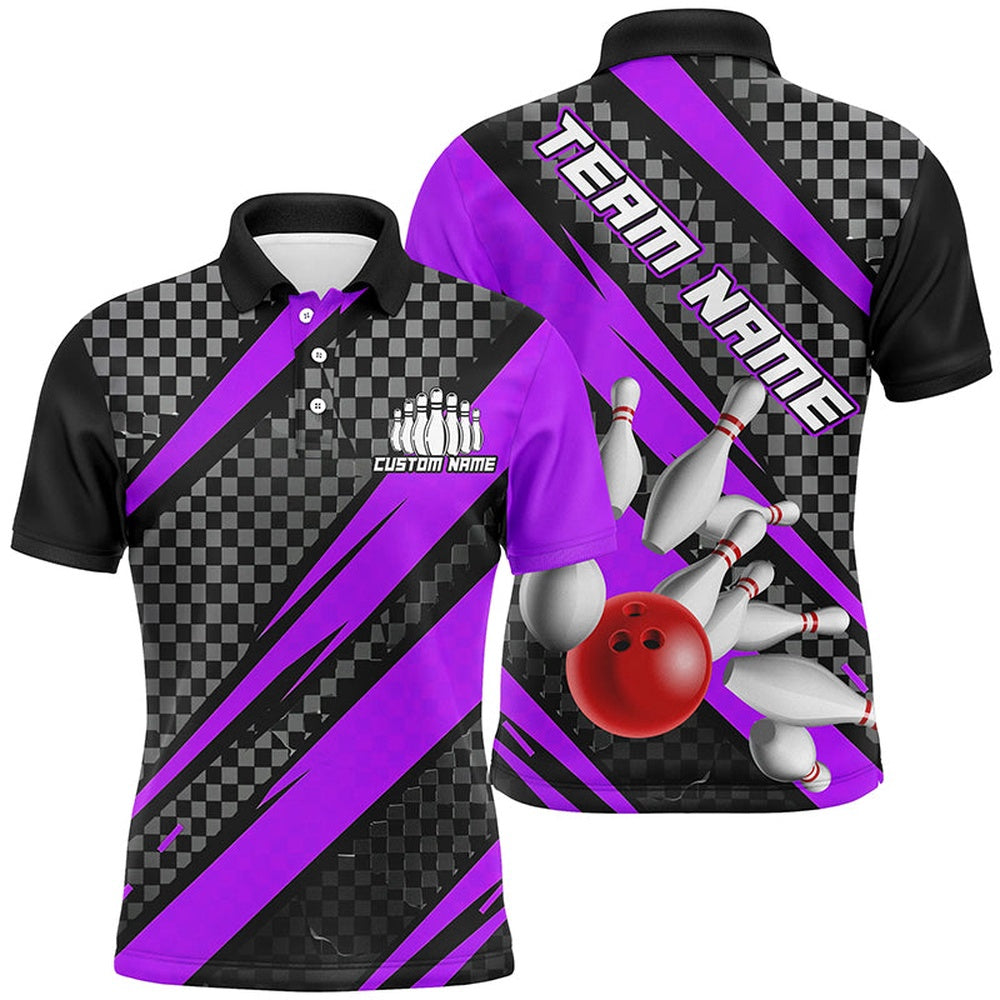 Custom Bowling Polo Shirts, Splatter Pins Custom Bowling Team Shirts For Men And Women, Bowling Tournament Shirt Purple