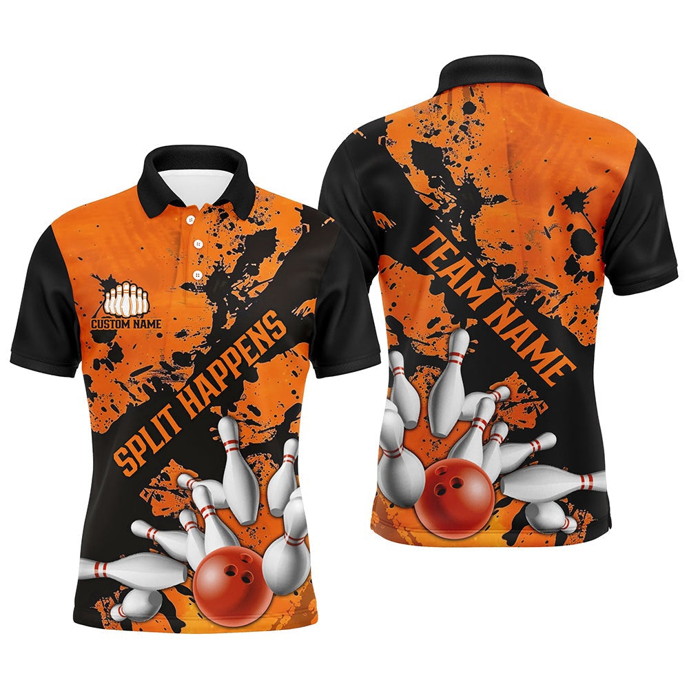 Custom Bowling Polo Shirts, Split Happens Funny Unisex Orange Strike Bowling Shirts For Bowling Team, Bowling Apparel
