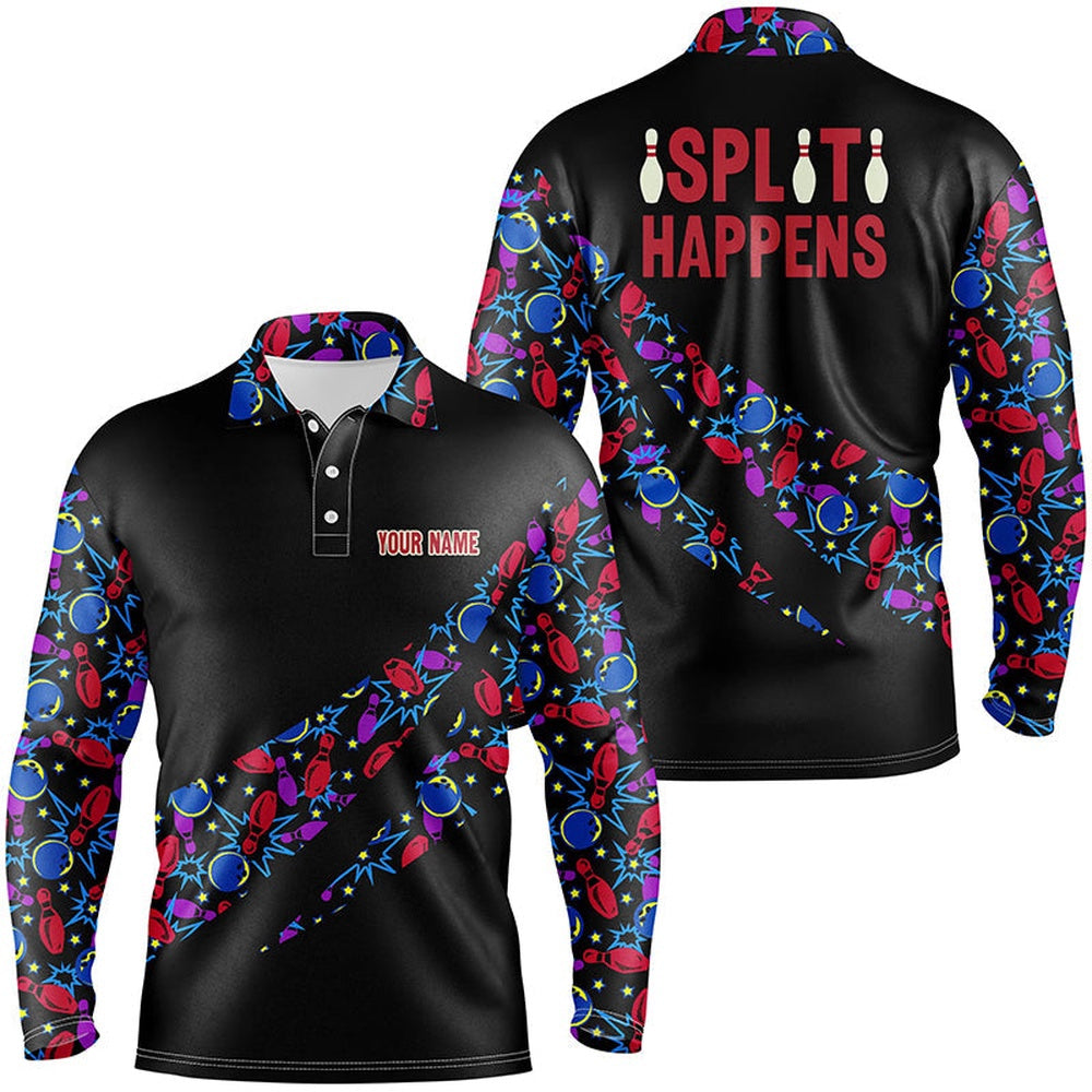 Custom Bowling Polo Shirts, Split Happens Personalized Bowling Camo Shirt For Men, Team League Bowling Jersey Men Polo Shirt