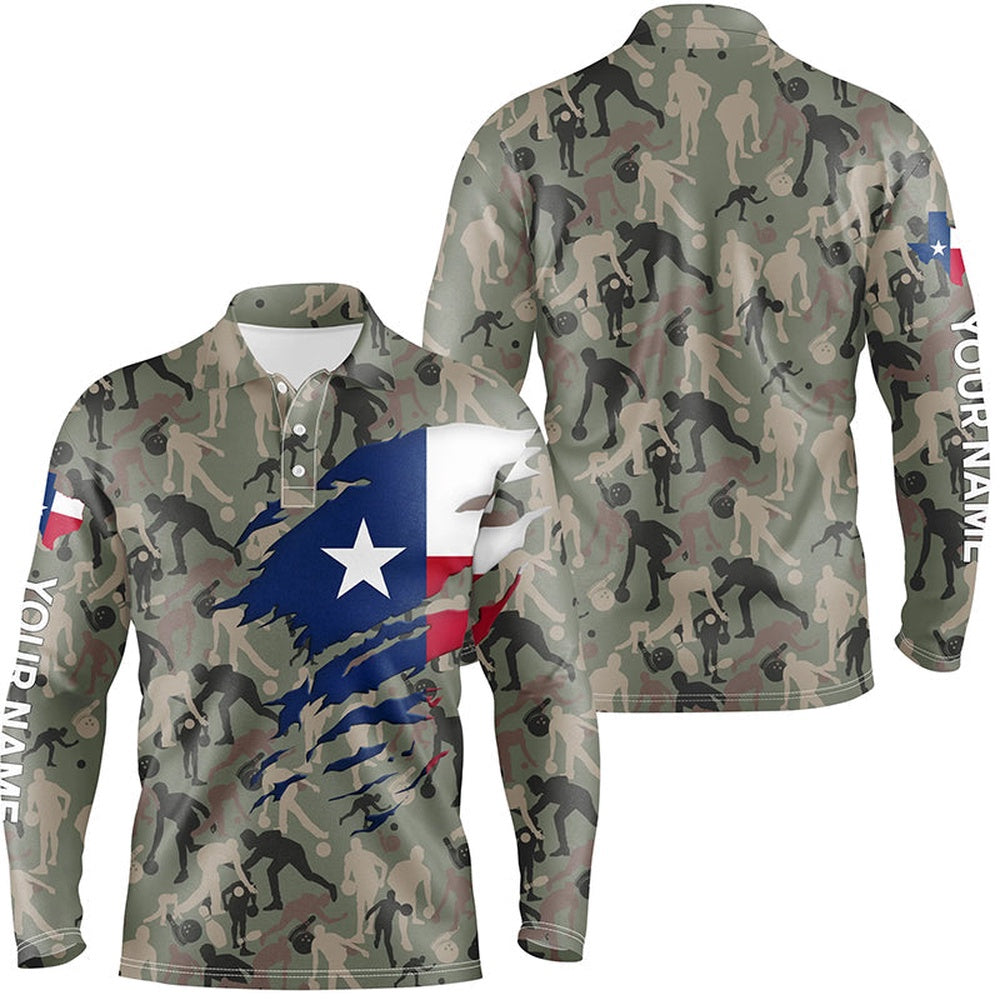 Custom Bowling Polo Shirts, Texas Flag Bowling Camo Shirts For Men Bowling Team League Jersey Custom Patriot Bowling Polo Shirts