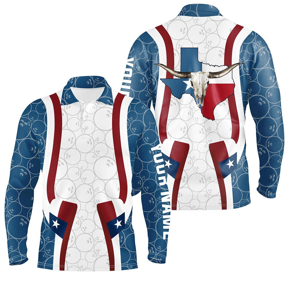 Custom Bowling Polo Shirts, Texas Flag Longhorn Bowling Shirts For Men Bowling Team League Jersey Custom Bowling Polo Shirts