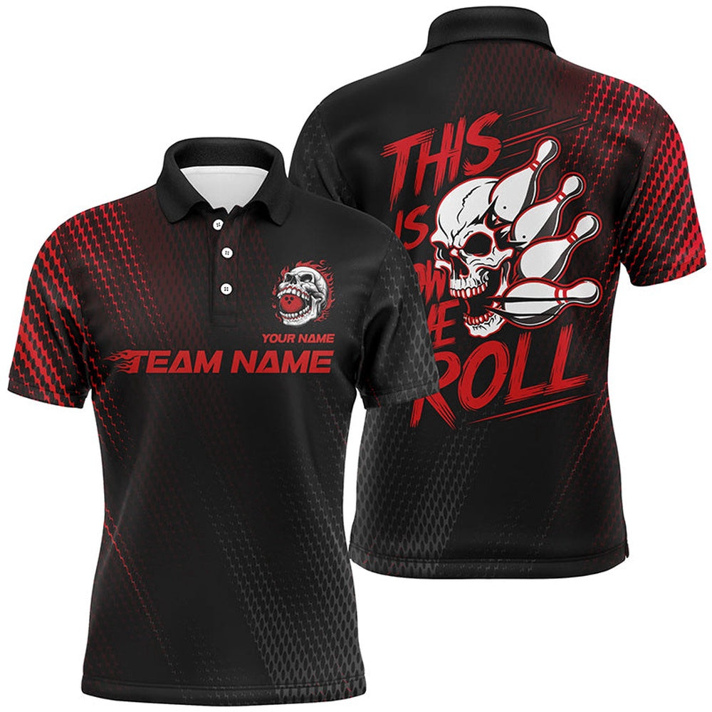 Custom Bowling Polo Shirts, This Is How We Roll Custom Name Skull Bowling Team Shirts For Men, Bowling League Jerseys Red
