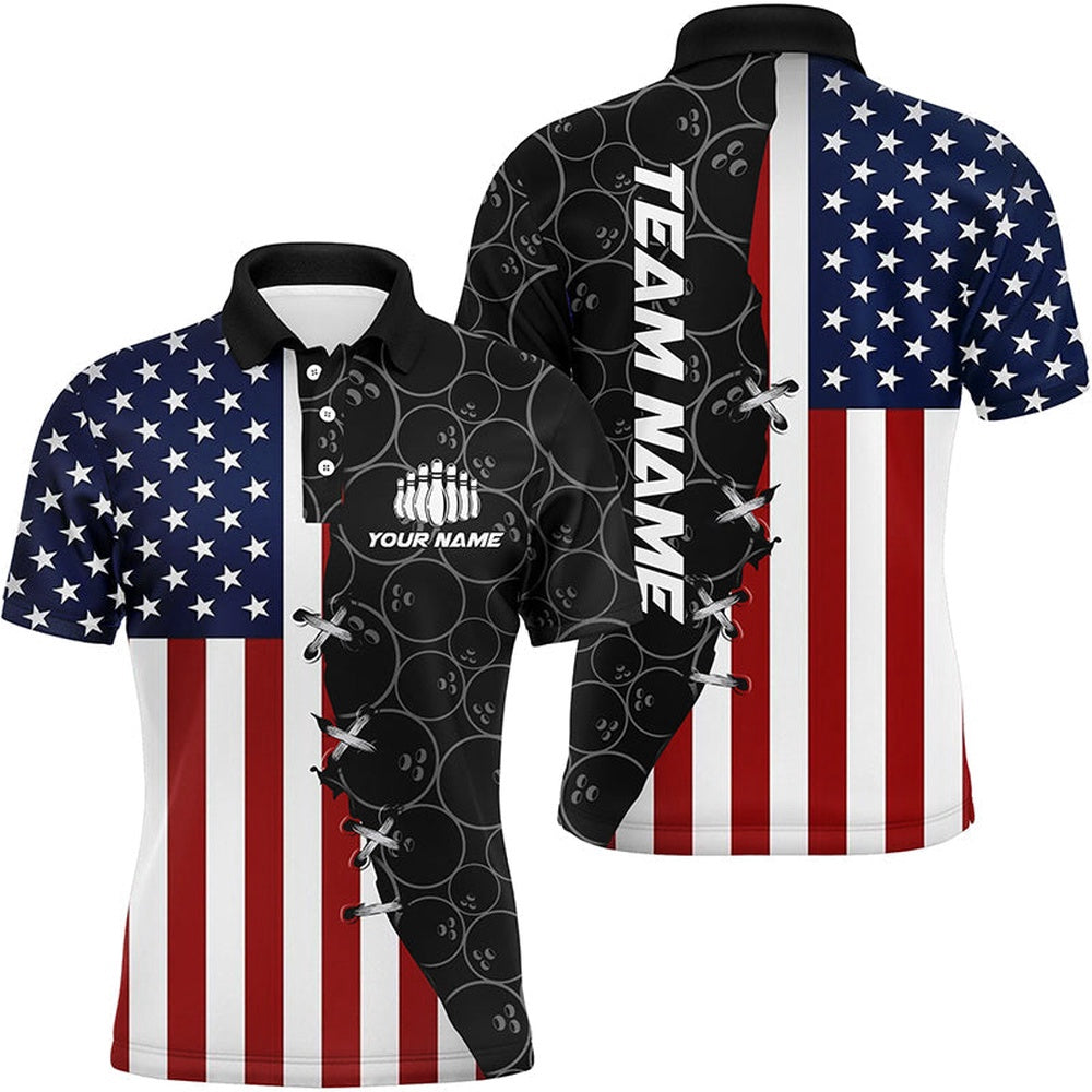Custom Bowling Polo Shirts, Us Flag Custom Bowling Team Shirts For Men And Women Bowling Ball Pattern Patriotic Gifts