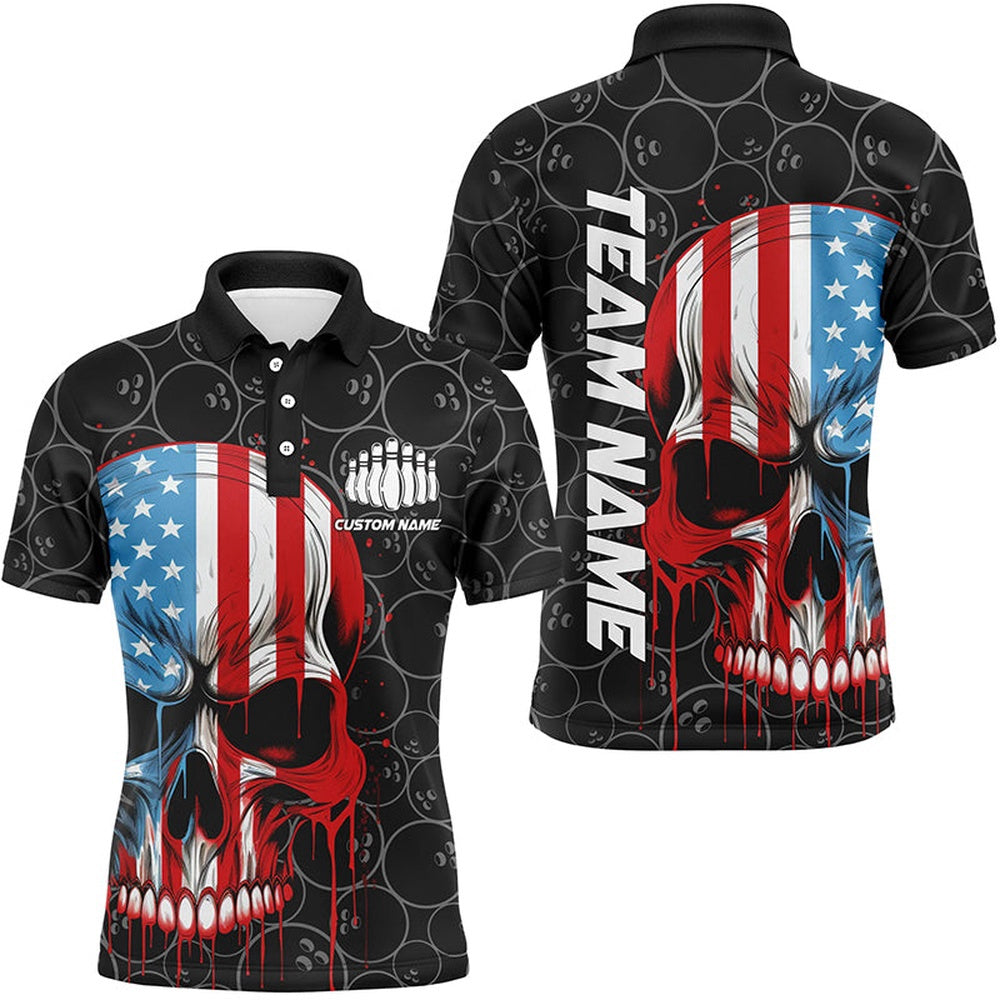 Custom Bowling Polo Shirts, Us Flag Skull Bowling Shirts For Men With Custom Name, Personalized Patriotic Bowling Jerseys