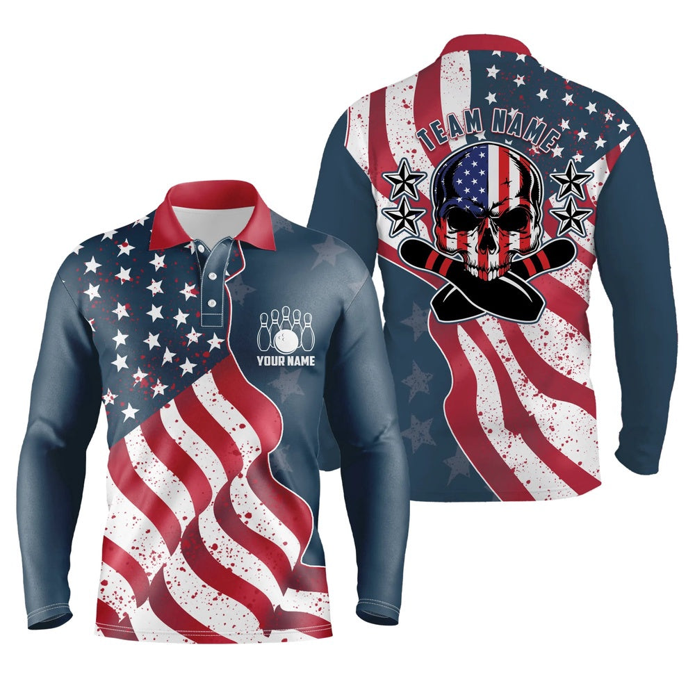 Custom Bowling Polo Shirts, Vintage American Flag Patriotic Skull Bowling Polo Shirts For Men Custom Bowling Team Jerseys