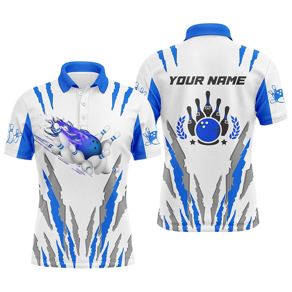 Custom Bowling Polo Shirts, White Bowling Polo Shirts For Men Custom Name Flame Bowling Ball And Pins Bowling Jerseys Blue
