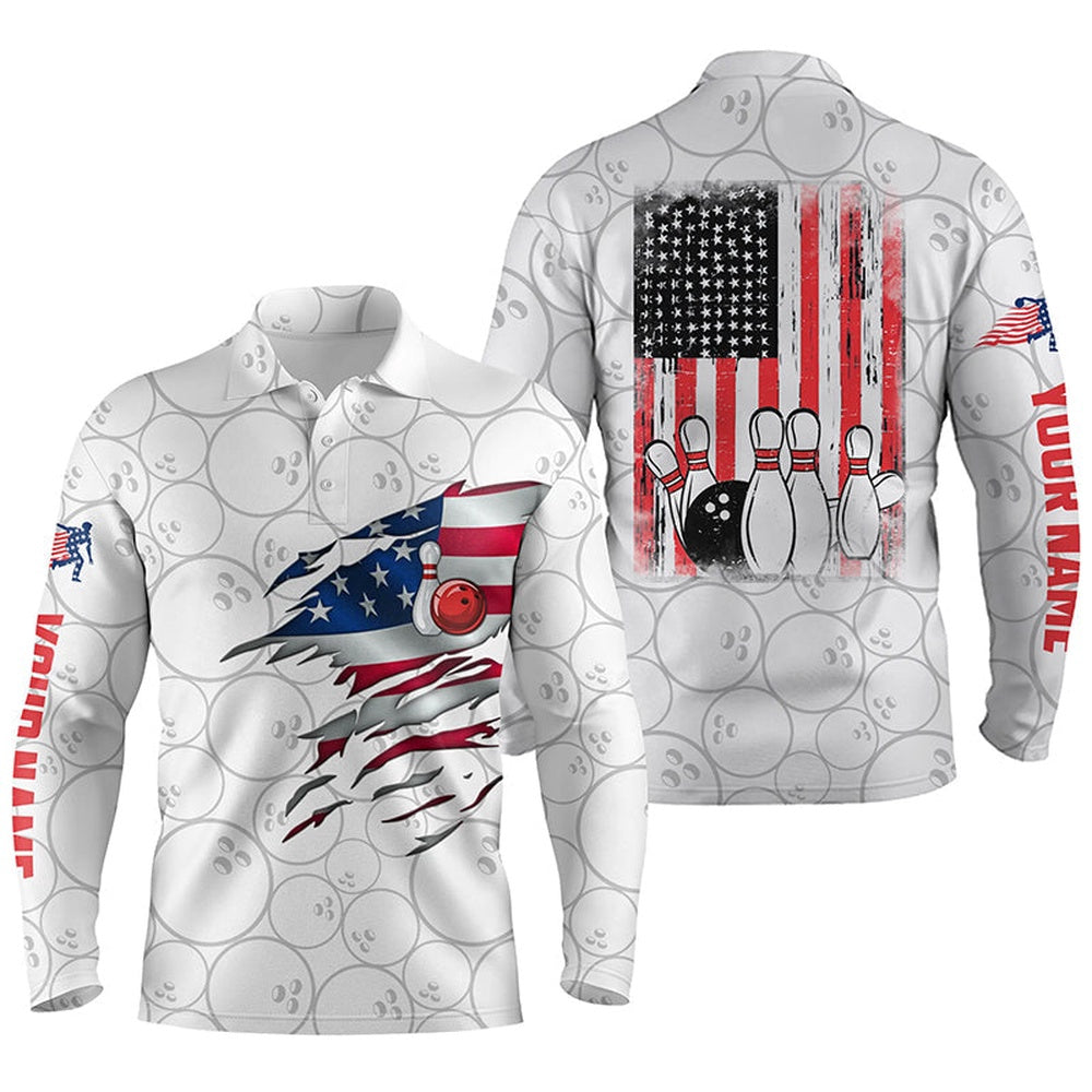 Custom Bowling Polo Shirts, White Bowling Polo Shirts For Men Custom Name Vintage American Flag Bowling Jerseys