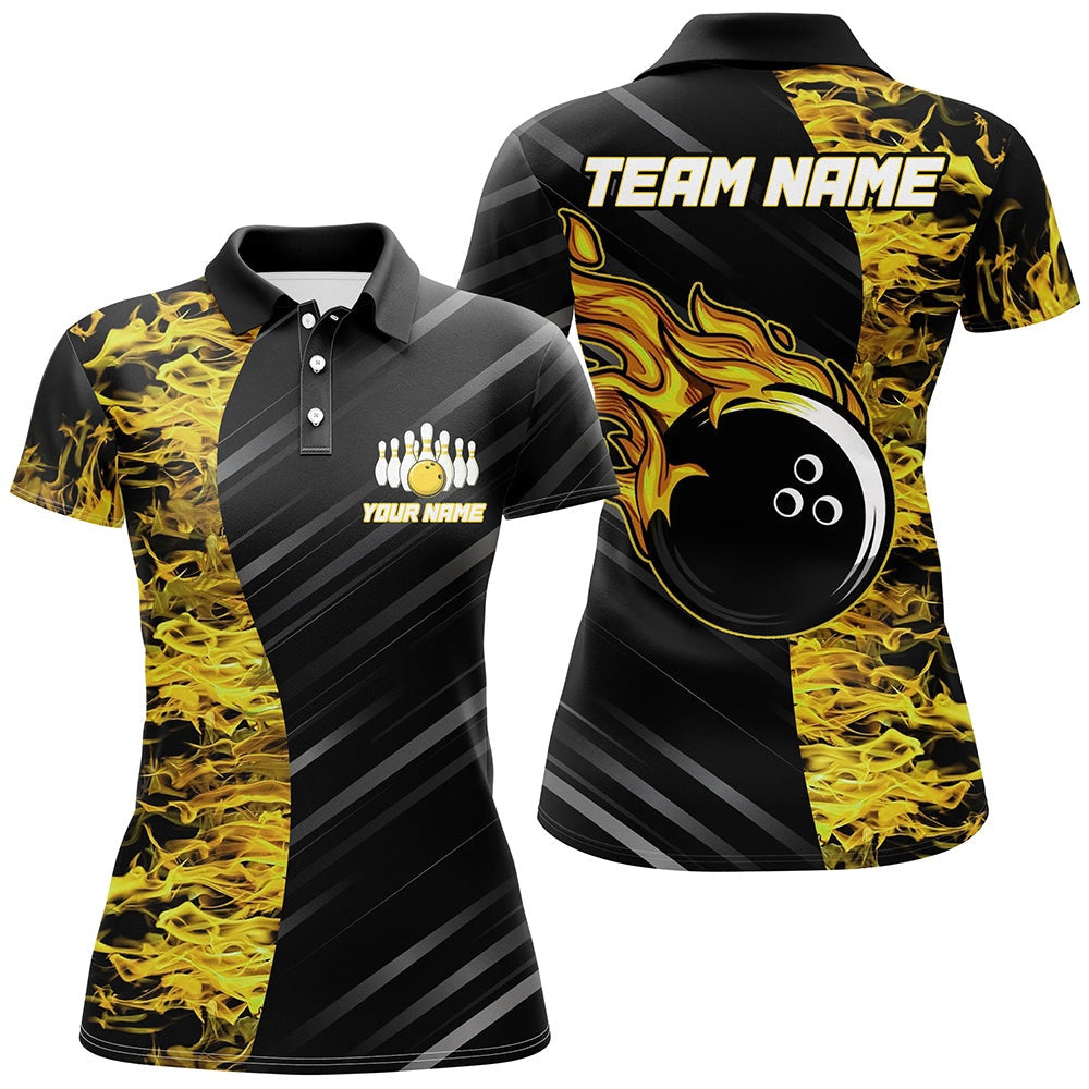 Custom Bowling Polo Shirts, Yellow Flames Bowling Jersey Men Women Custom Bowling Polo Shirt For Team