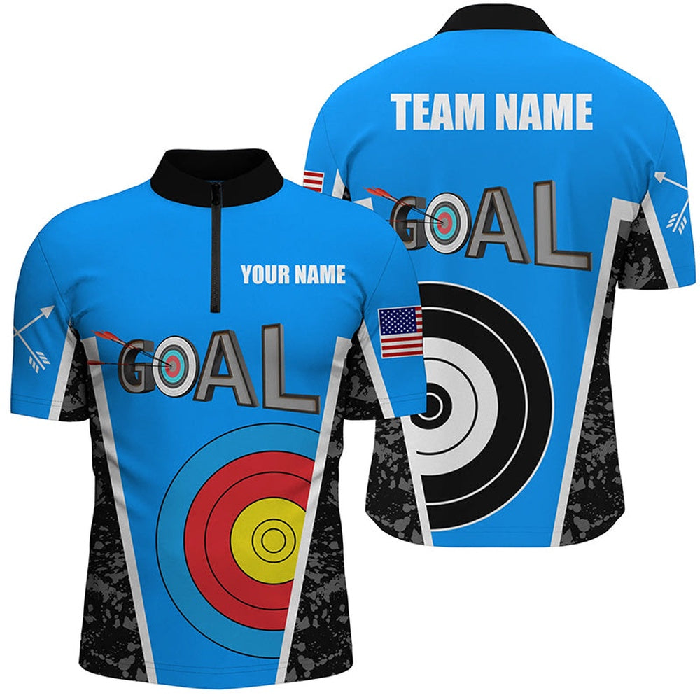 Custom Name Blue Archery Goal Men Quarter-Zip Shirts, Target Archery Jerseys For Team, Archery Team Shirts, Custom Archery Shirts