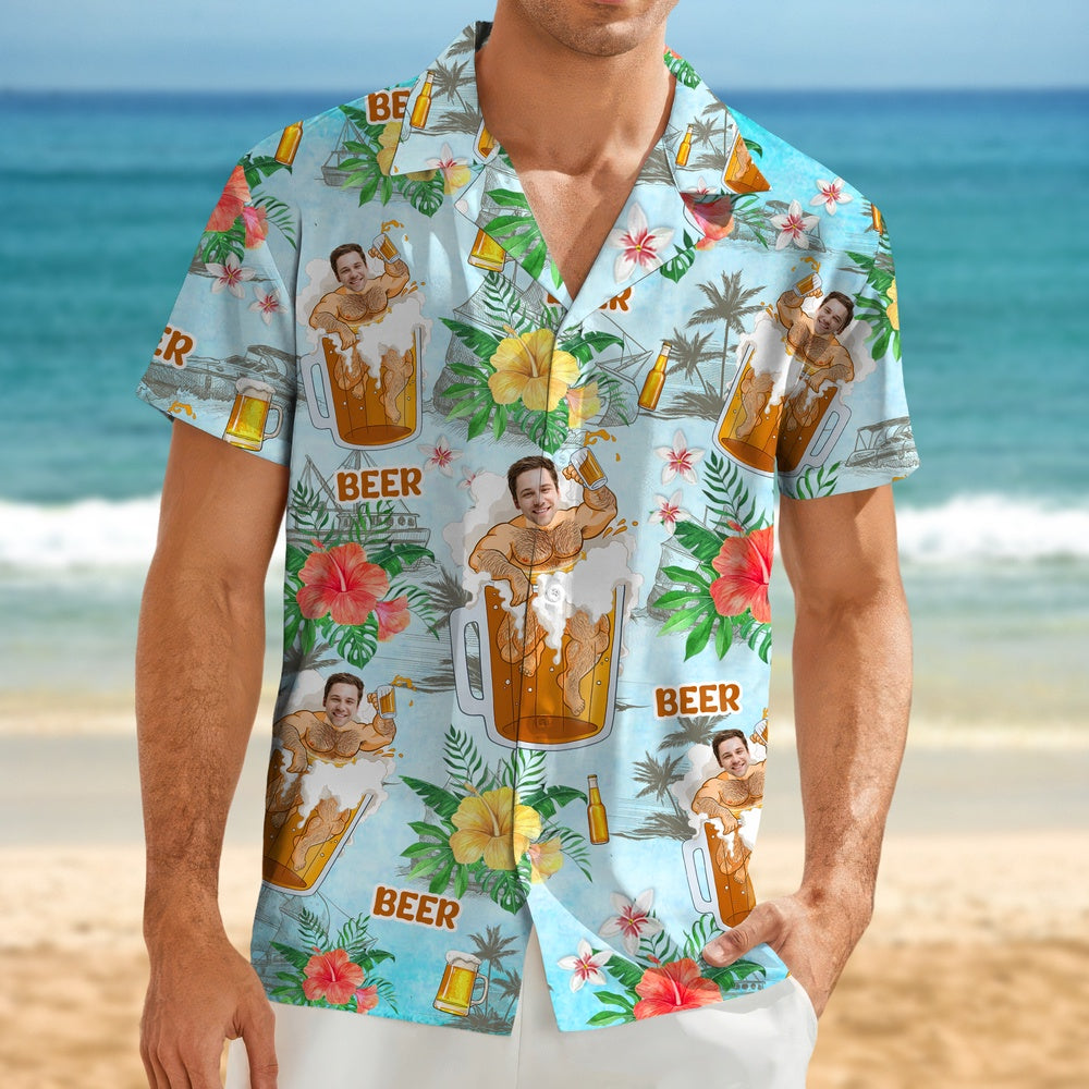 Custom Photo Beer Man Hawaiian Shirt Summer Gift For Beer Lovers, Custom Hawaiian Shirts With Face