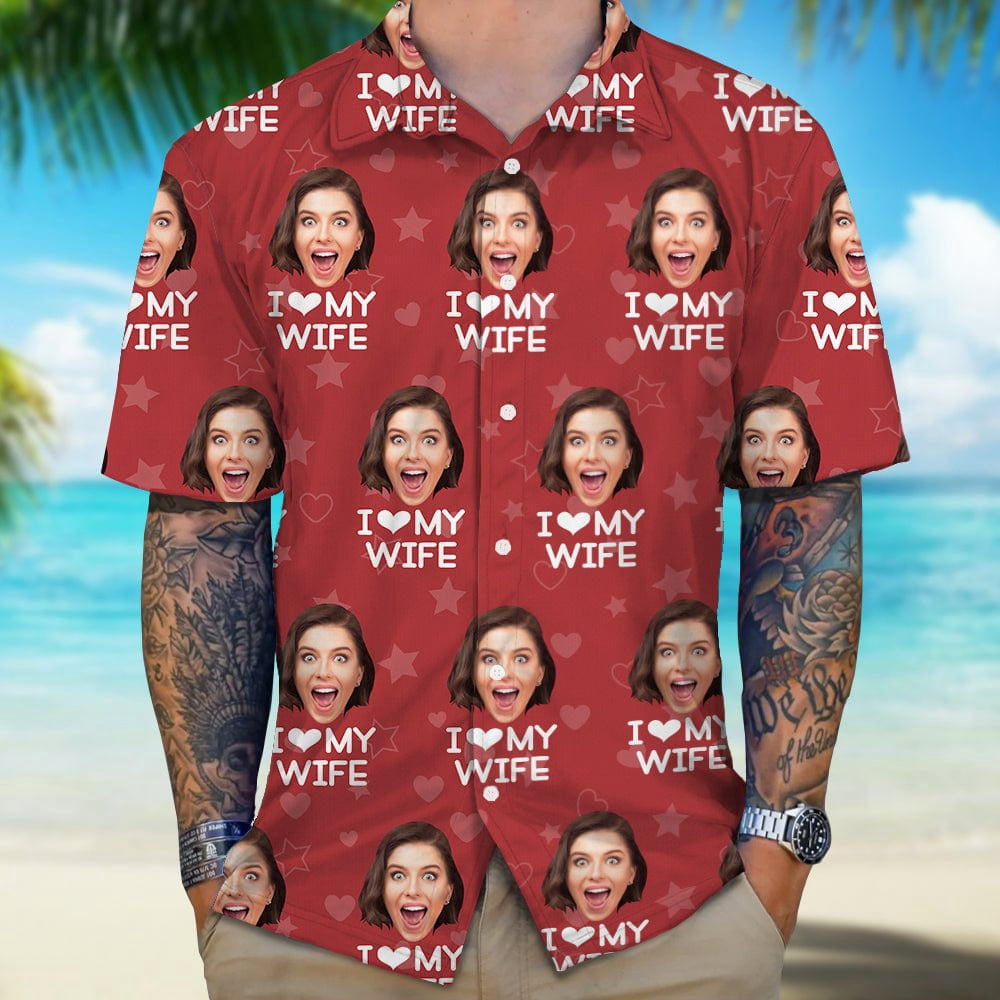 Custom Photo I Love My Girlfriend Boyfriend Hawaiian Shirt Valentines Gift For Him Her Husband Wife, Custom Hawaiian Shirts With Face