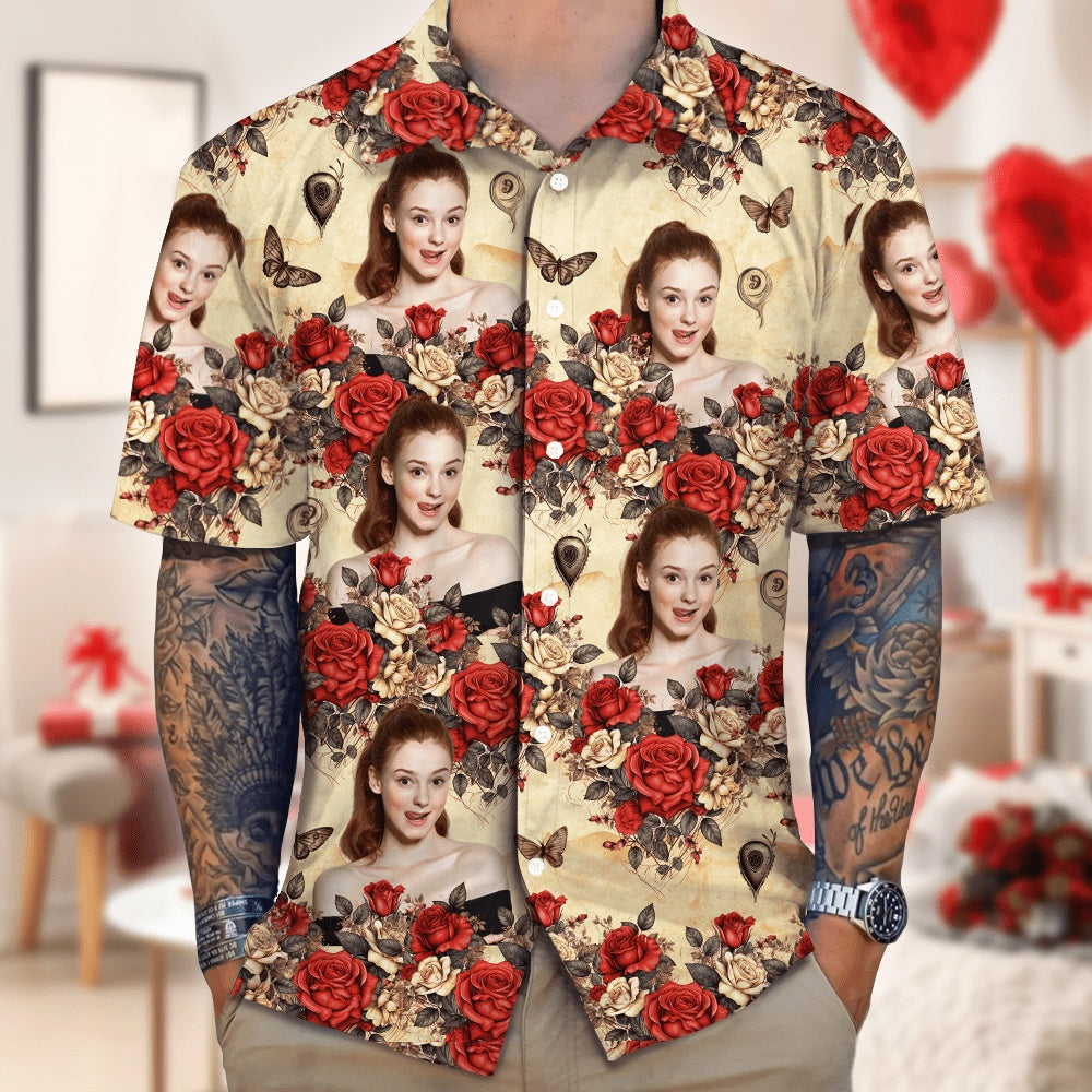 Custom Photo Vintage Butterfly Roses Hawaiian Shirt Gift For Valentine's Day, Custom Hawaiian Shirts With Face