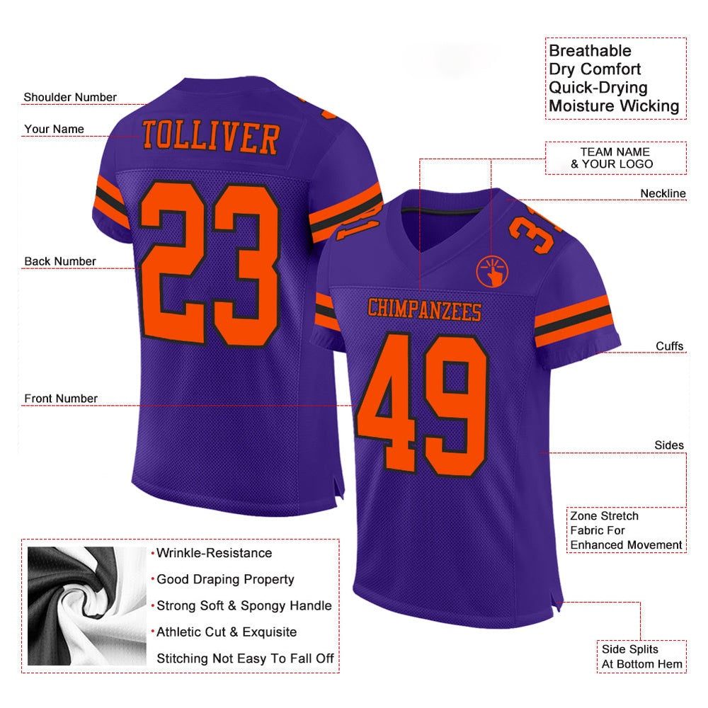 Custom Purple Orange Black Mesh Authentic Football Jersey, Team Jerseys Football, Custom Football Jersey